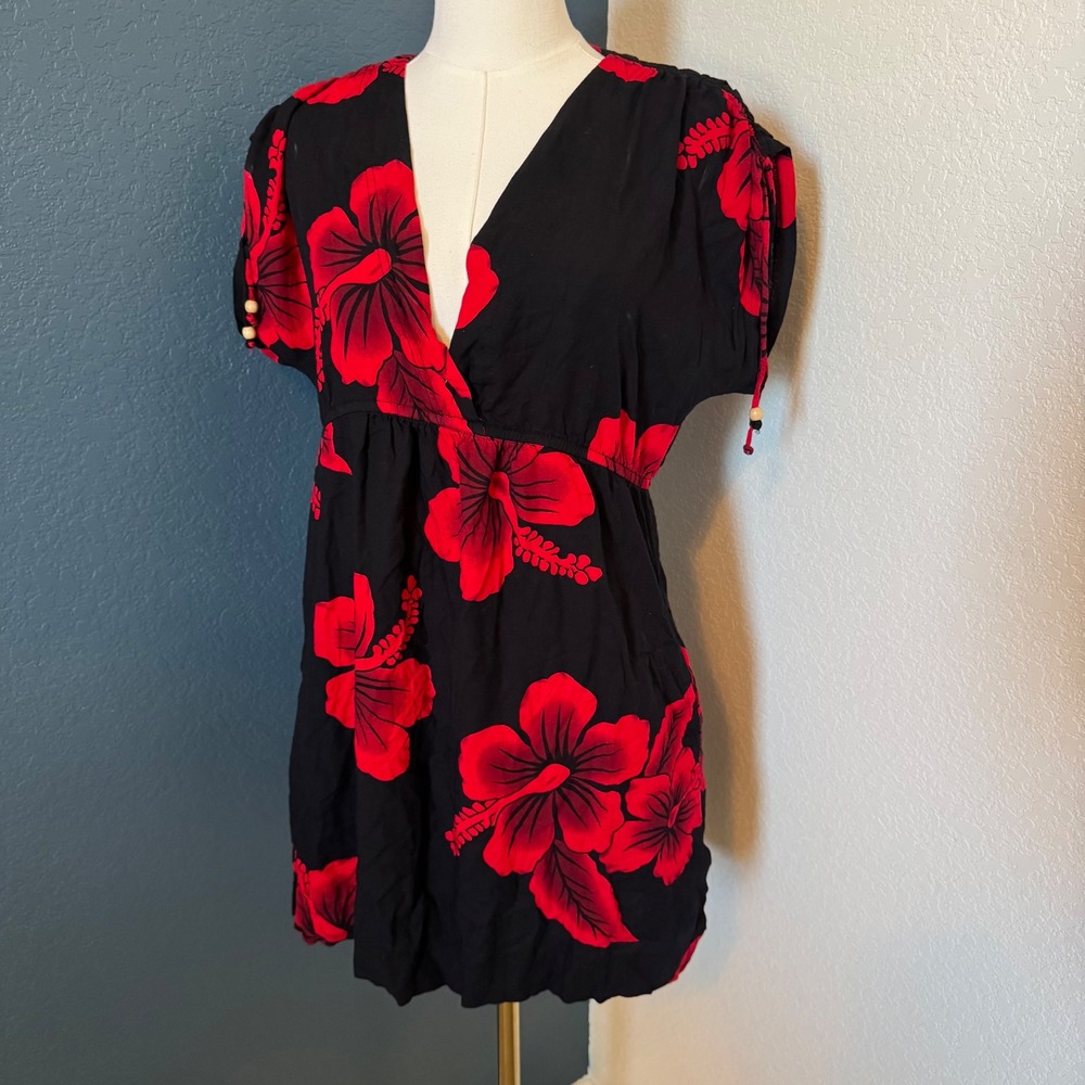 Tropical Hibiscus Y2K Hawaii Tunic Dress XL Black Red